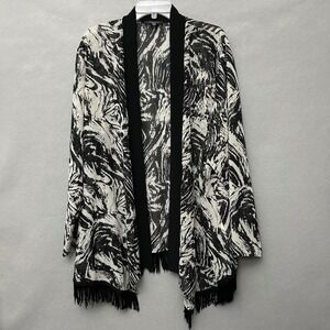 R&M Richards 22W Plus Size Boho Fringe Kimono Shrug Black White Abstract Tassel